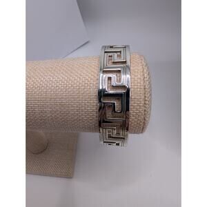 Brighton Silver Tone Greek Key Cuff Bracelet Adjustable 2.5 Inch Wide